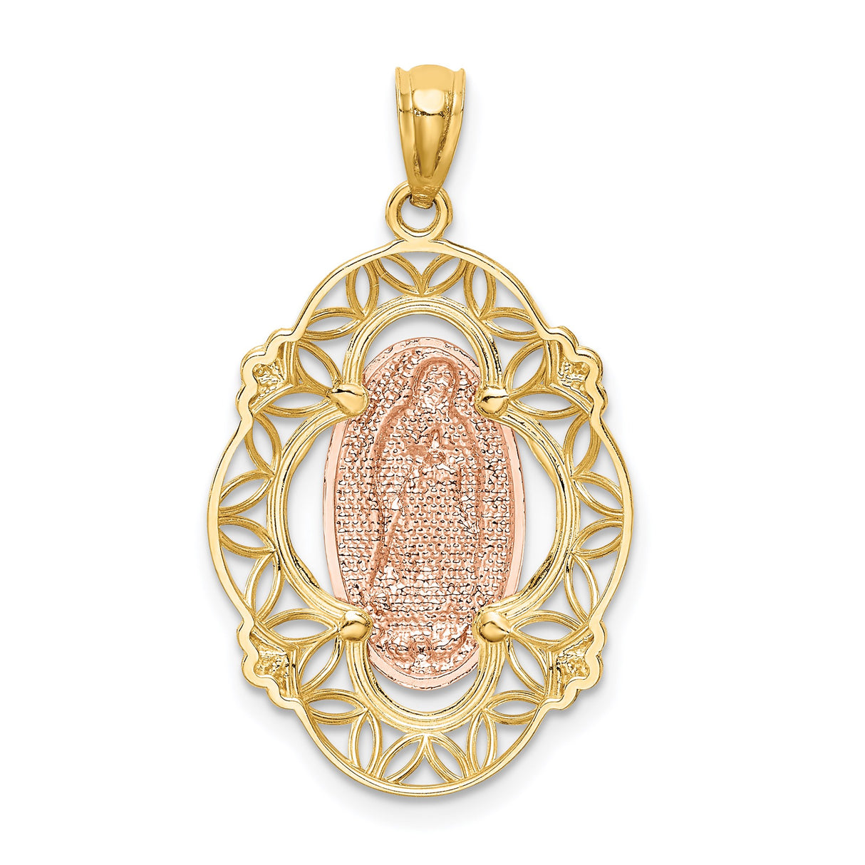 14k Two-Tone Gold Virgin Mary Pendant with Our Lady of Guadalupe and Floral Filigree Design
