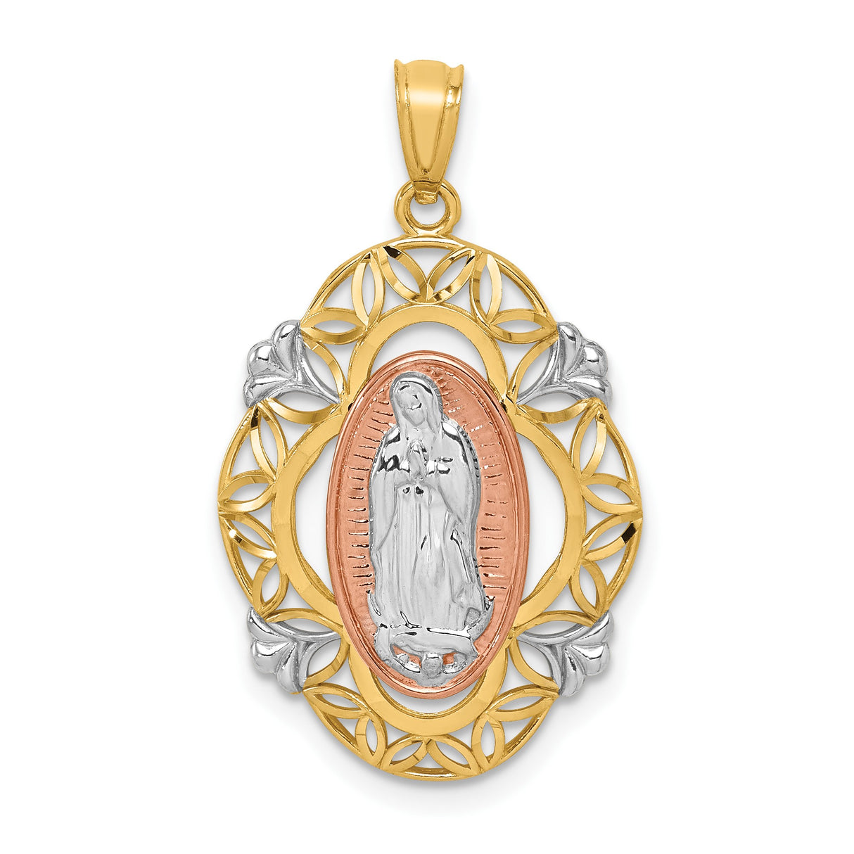 14k Two-Tone Gold Virgin Mary Pendant with Our Lady of Guadalupe and Floral Filigree Design