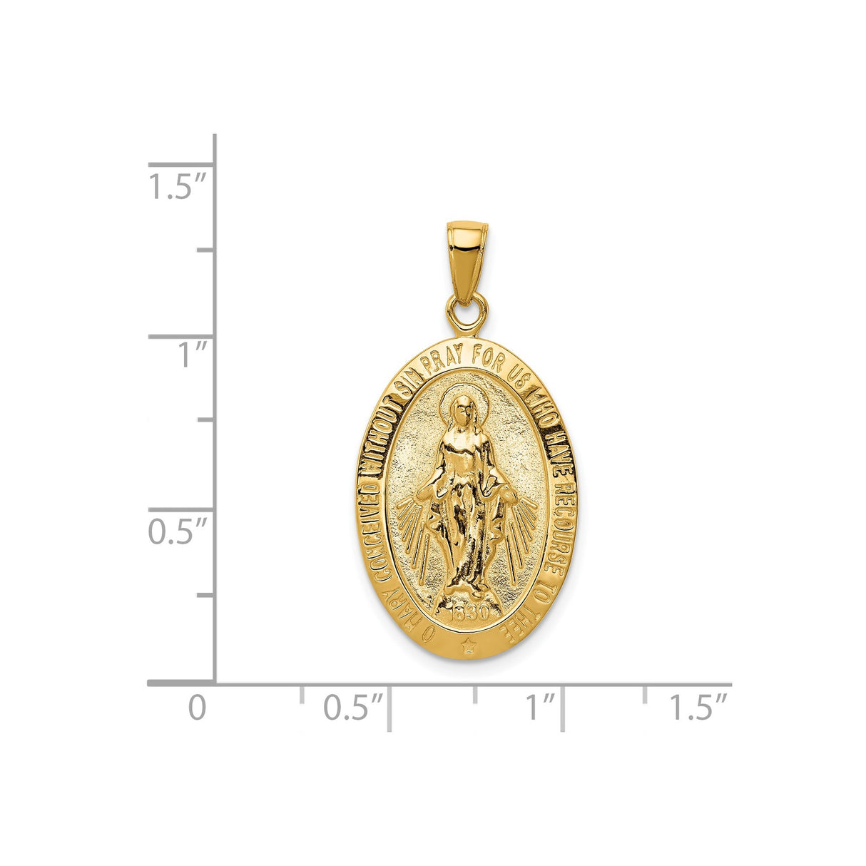 14k Yellow Gold Miraculous Medal Pendant Featuring Virgin Mary and Radiant Rays