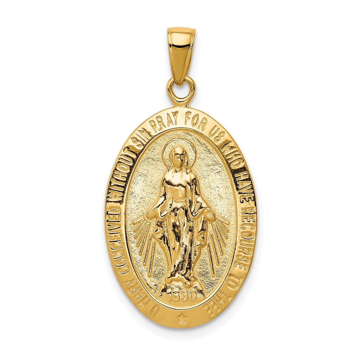 14k Yellow Gold Miraculous Medal Pendant Featuring Virgin Mary and Radiant Rays