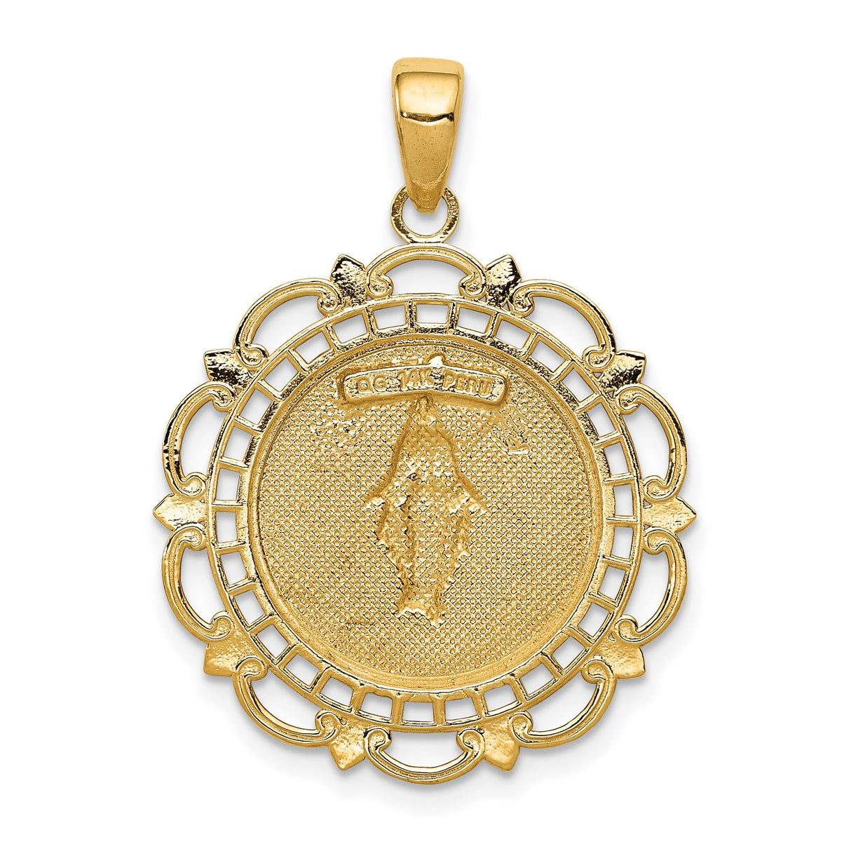14k Yellow Gold Miraculous Medal Pendant, Virgin Mary Inscribed Religious Jewelry for Women