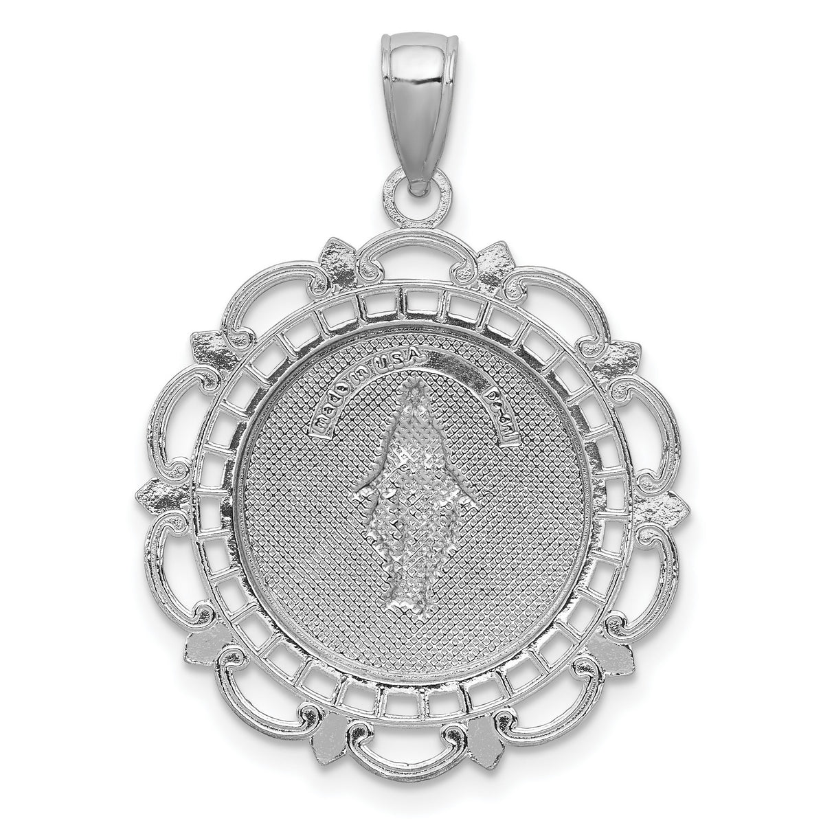 14k White Gold Miraculous Medal Pendant with Virgin Mary and Religious Inscription