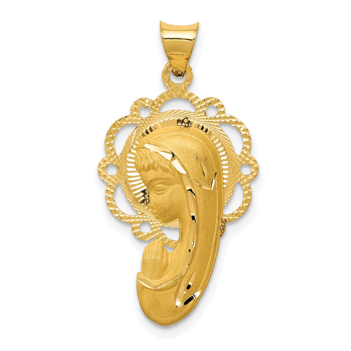 14k Yellow Gold Virgin Mary Pendant with Filigree Halo, Religious Medallion Charm for Women