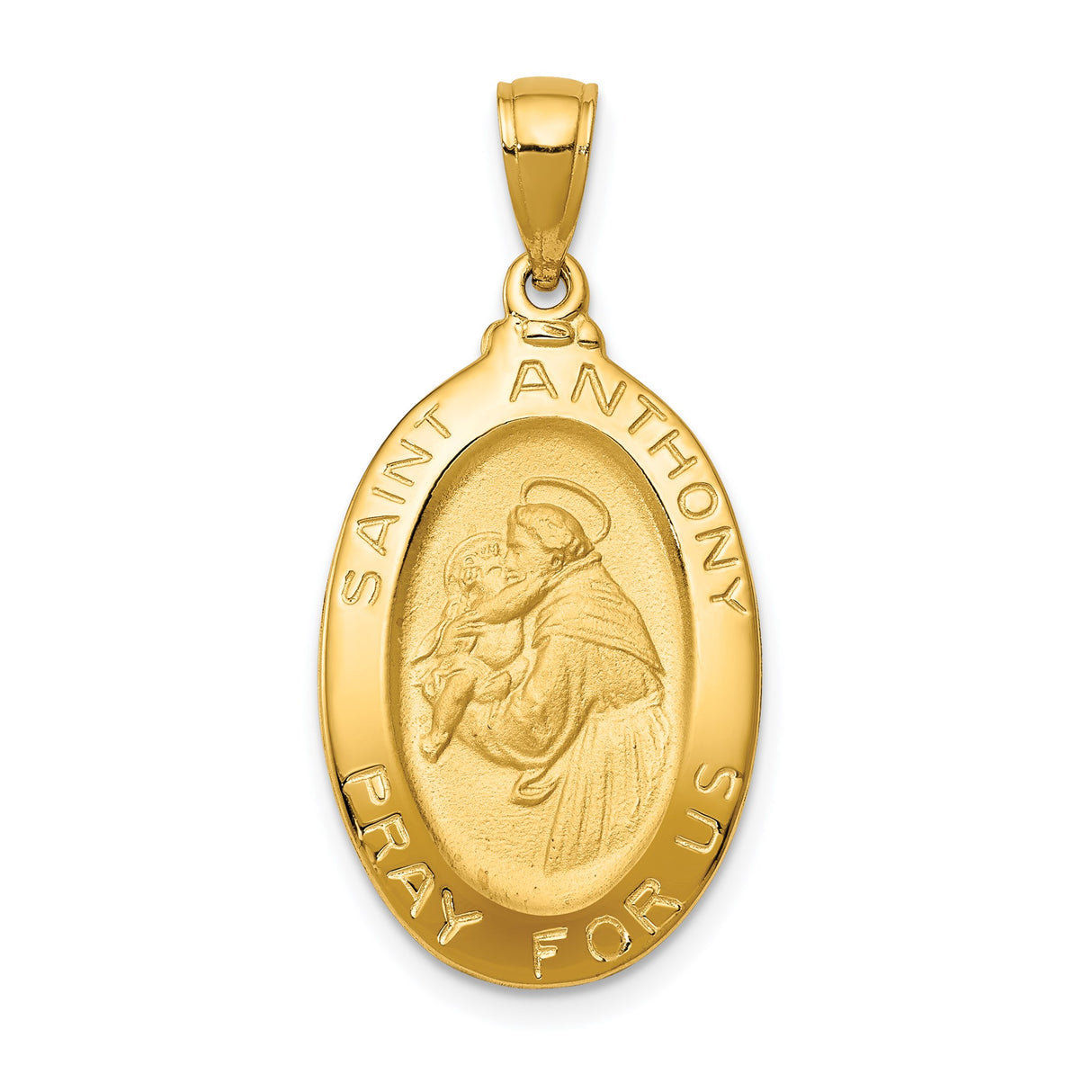14k Yellow Gold Saint Anthony Oval Pendant with Pray for Us Engraving, Religious Medal