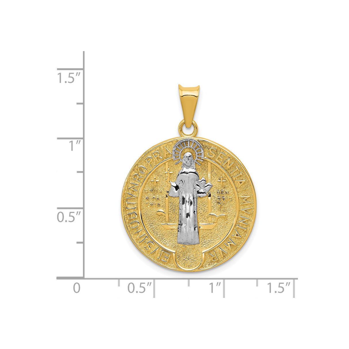 14k Two-Tone Gold Saint Benedict Pendant with Latin Inscriptions, Christian Medal of Protection