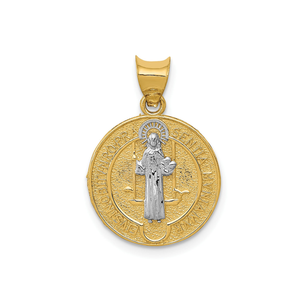 14k Multi-Tone Gold Saint Benedict Medal Pendant, Latin Inscriptions, Catholic Devotional Jewelry
