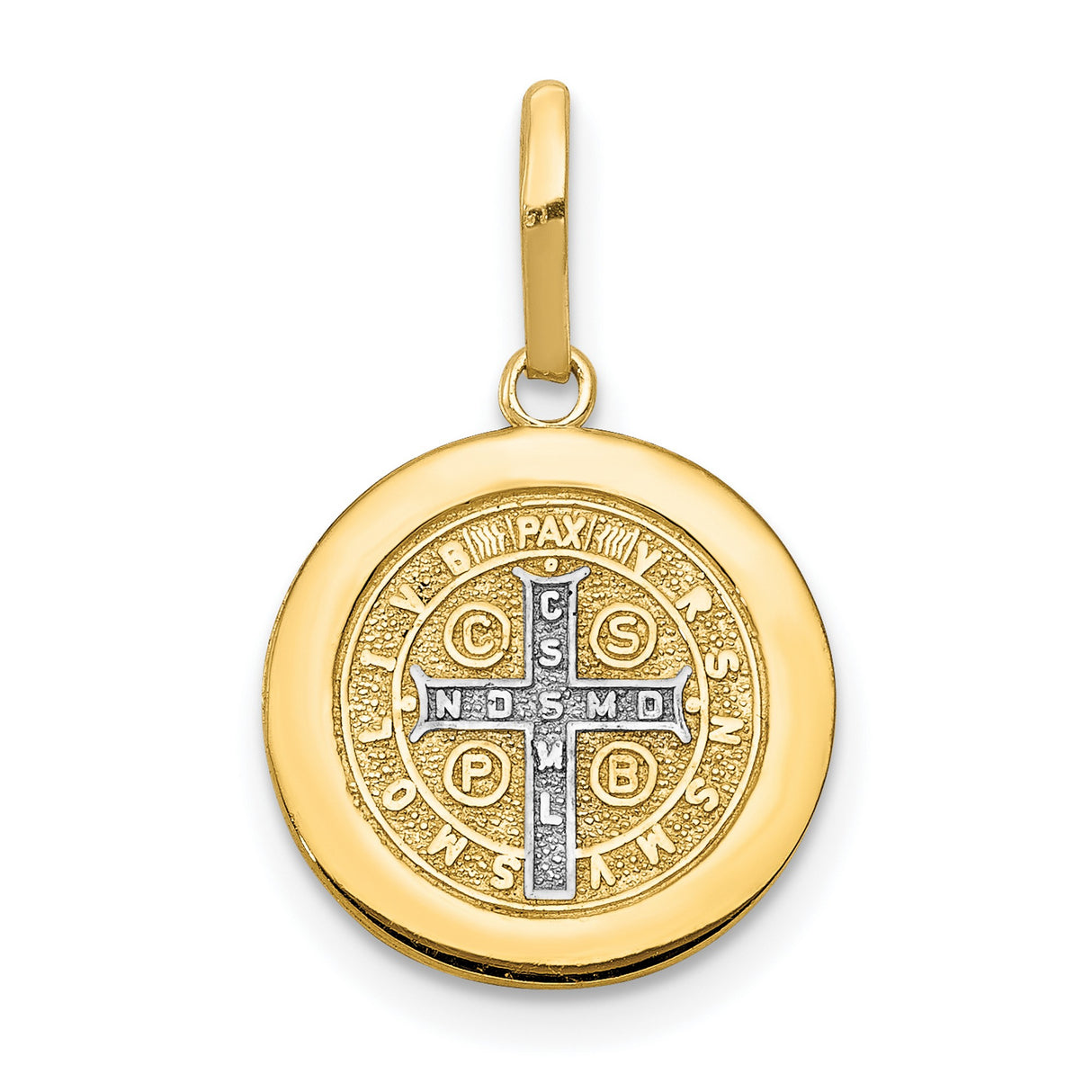 Saint Benedict and Words Round Mini Medal Charm Pendant in Real 14k Multi-Tone Gold