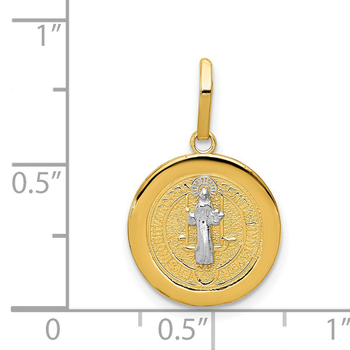 Saint Benedict and Words Round Mini Medal Charm Pendant in Real 14k Multi-Tone Gold