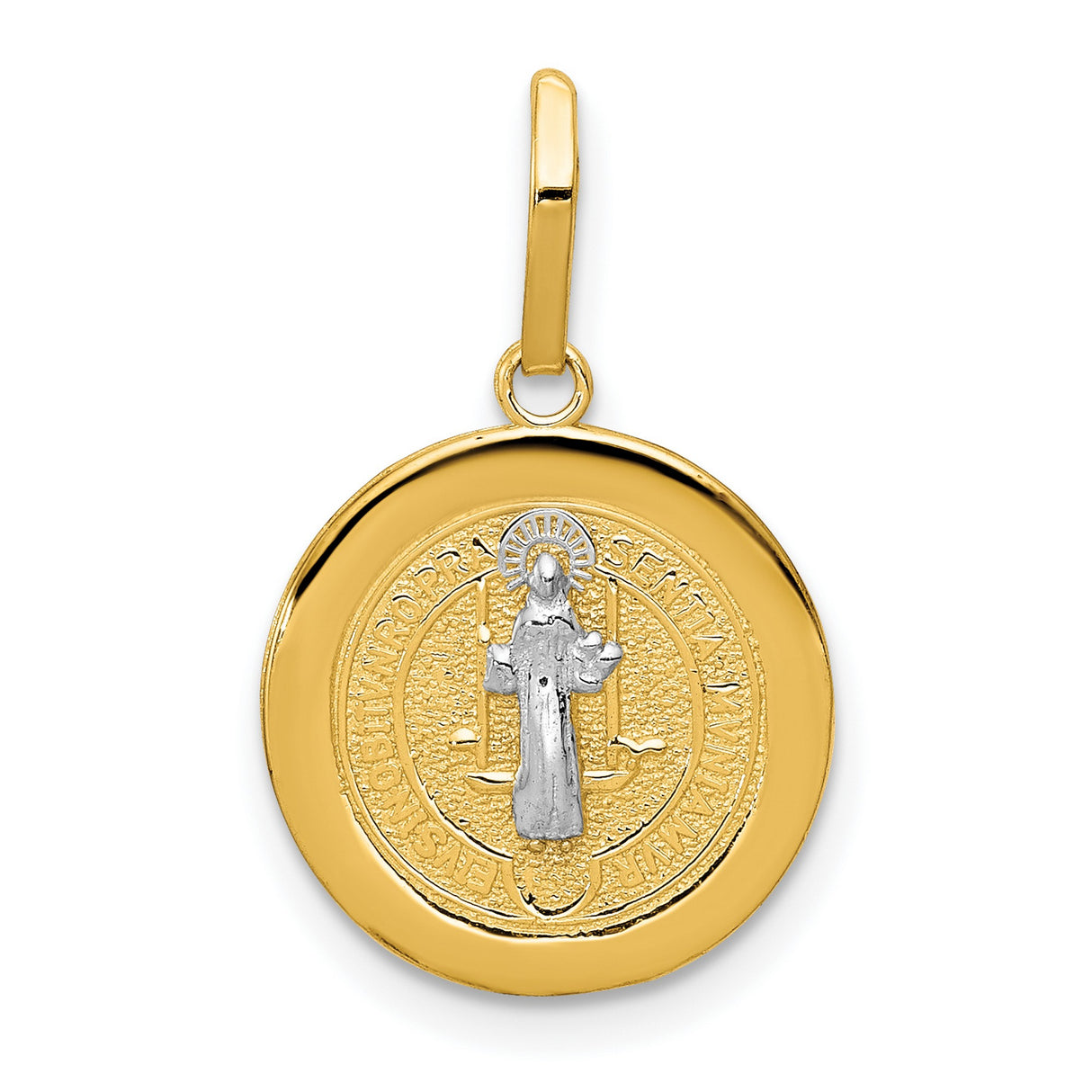 Saint Benedict and Words Round Mini Medal Charm Pendant in Real 14k Multi-Tone Gold