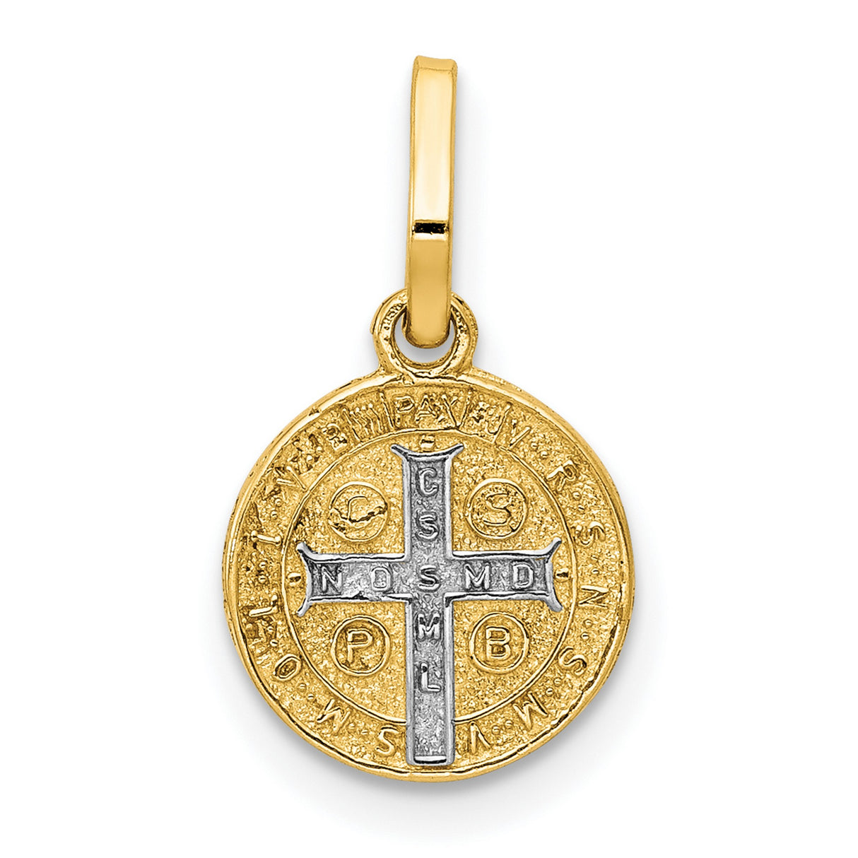 Saint Benedict and Words Miniature Medal Charm Pendant in Real 14k Multi-Tone Gold