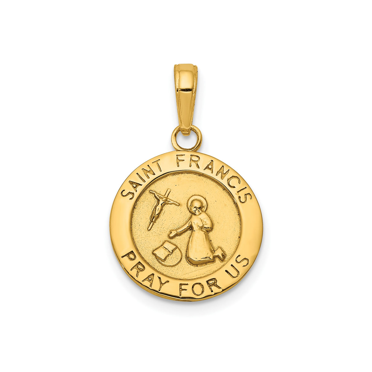14k Yellow Gold Saint Francis Pendant with Raised Kneeling Image, Catholic Medal for Women or Unisex