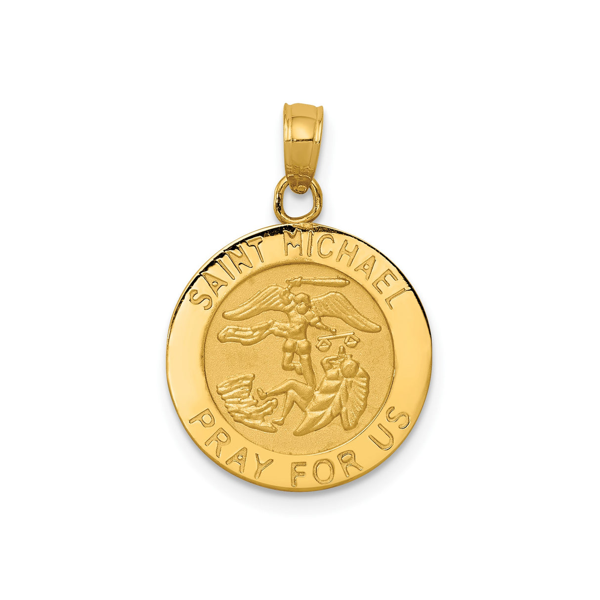 14k Yellow Gold Saint Michael Pendant, Catholic Archangel Medal with Pray for Us Engraving