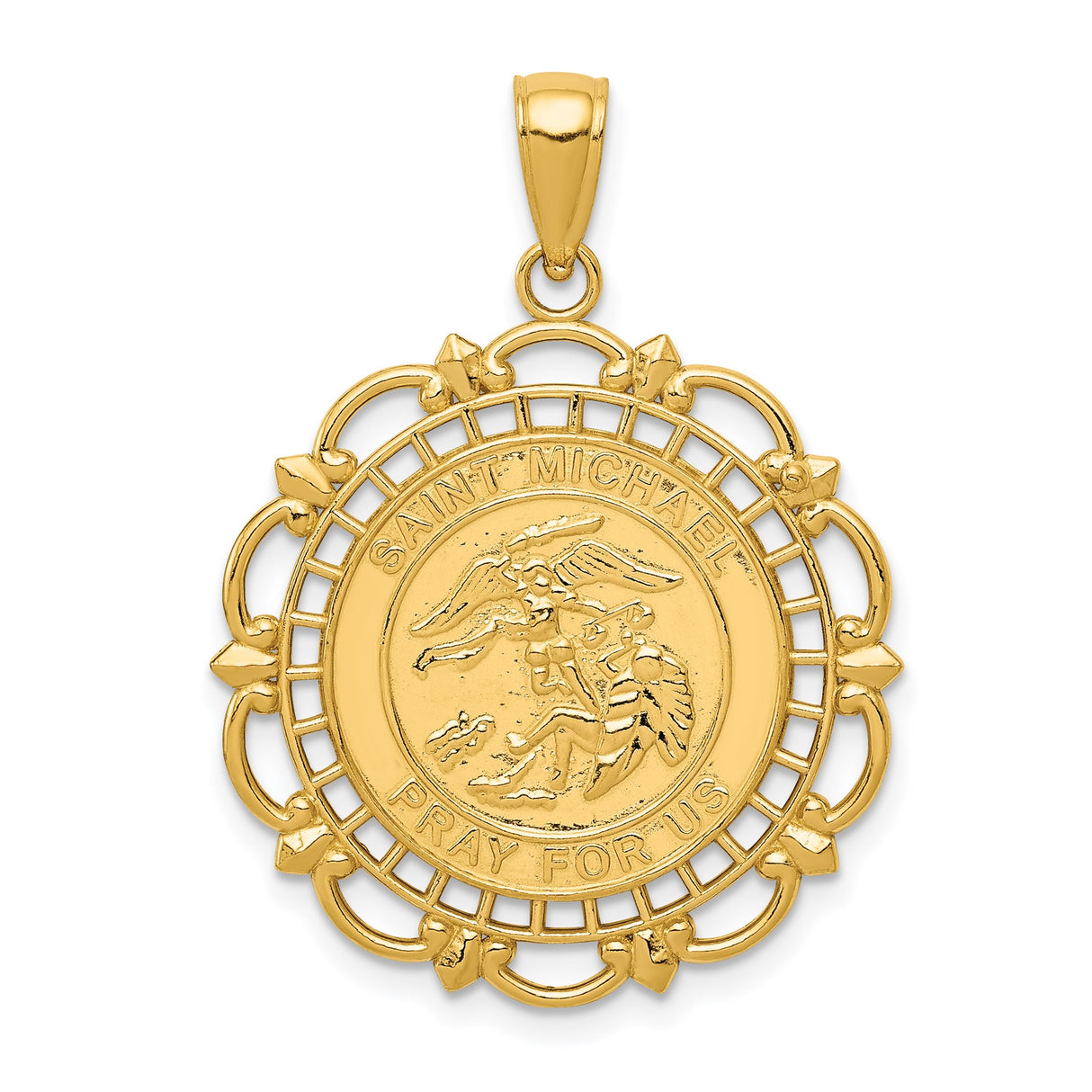 14k Yellow Gold Saint Michael Pendant with Scalloped Border Catholic Medal Charm