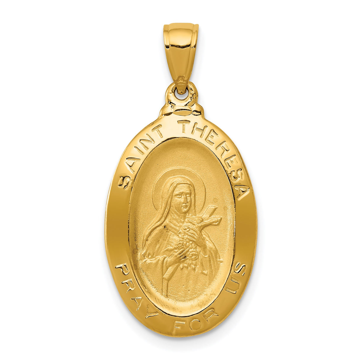 14k Yellow Gold Saint Theresa Pendant with Crucifix, Roses, and Inscription