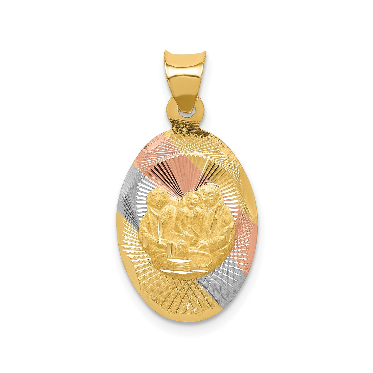 14k Tri-Color Gold Holy Family Pendant with Rhodium Accent, Oval Catholic Medal for Women