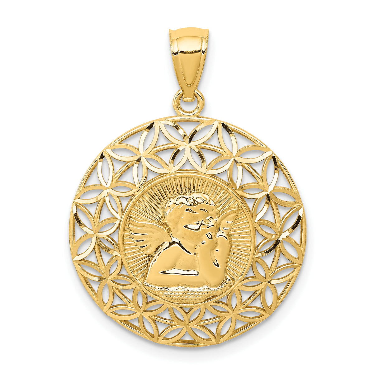14k Yellow Gold Cherub Angel Pendant with Openwork Floral Design and Radiating Lines