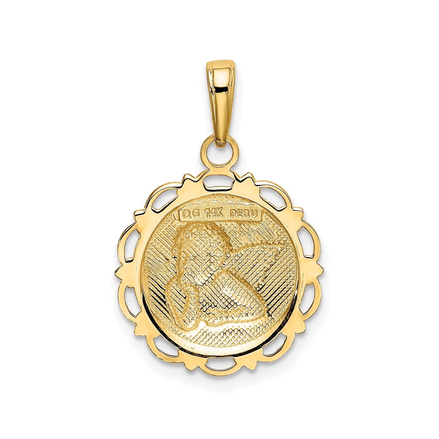 14k Yellow Gold Cherub Angel Pendant with Scalloped Edge and Open Back Christian Theme
