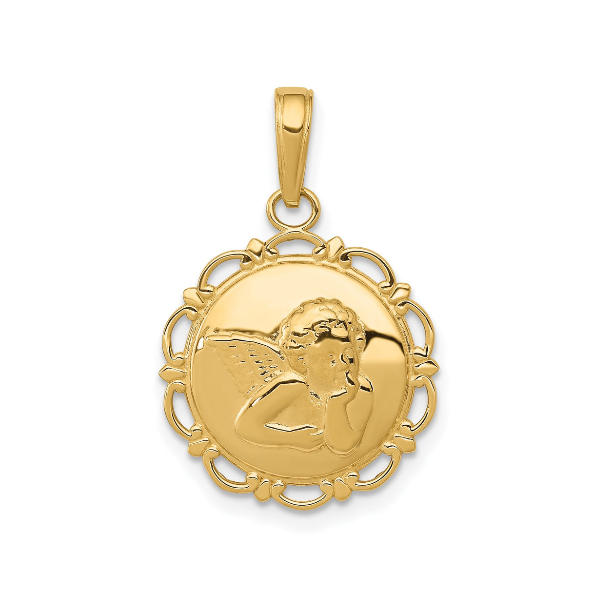 14k Yellow Gold Cherub Angel Pendant with Scalloped Edge and Open Back Christian Theme