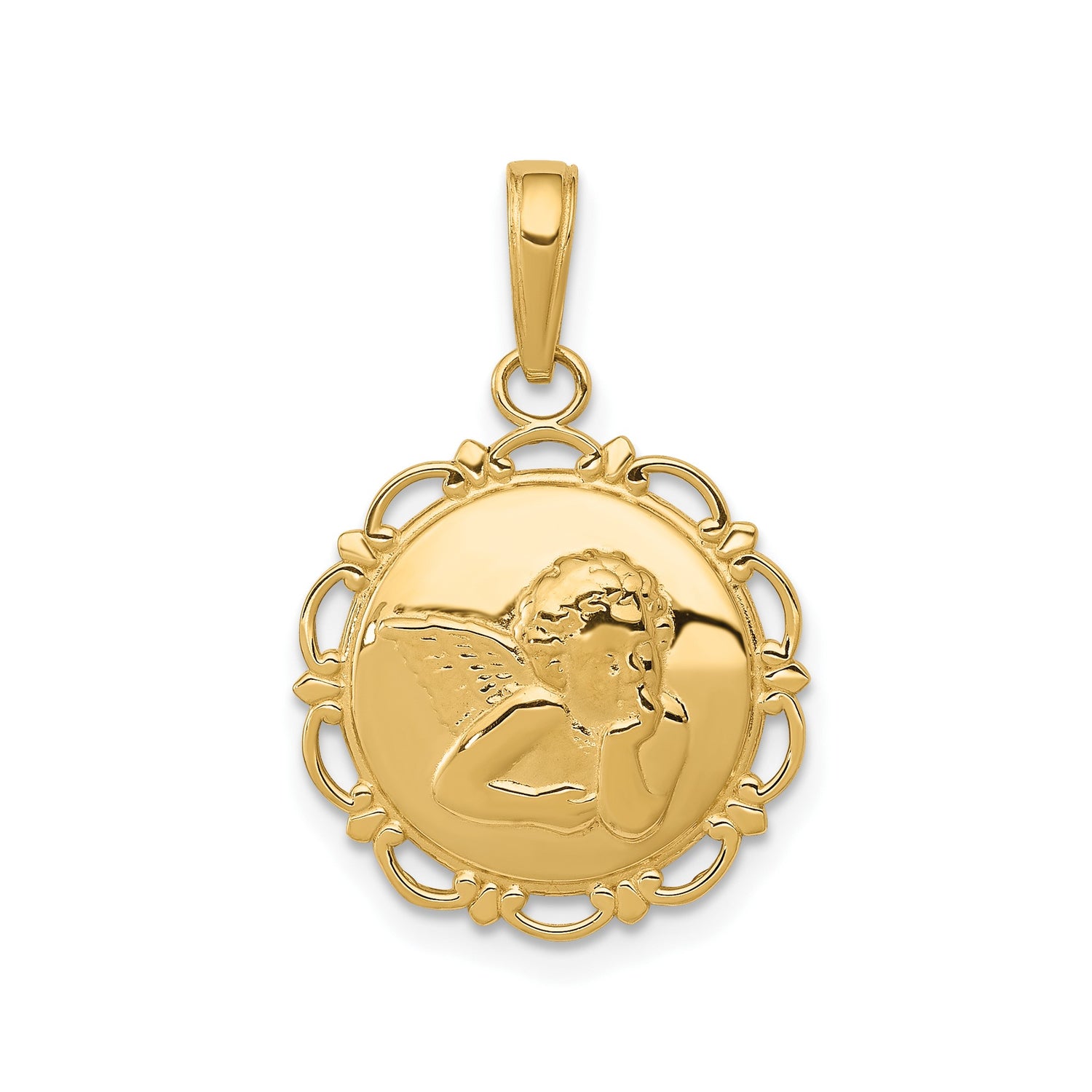 14k Yellow Gold Cherub Angel Pendant with Scalloped Edge and Open Back Christian Theme