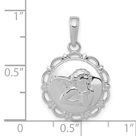 14k White Gold Angel Pendant with Scalloped Edge and Winged Cherub Design