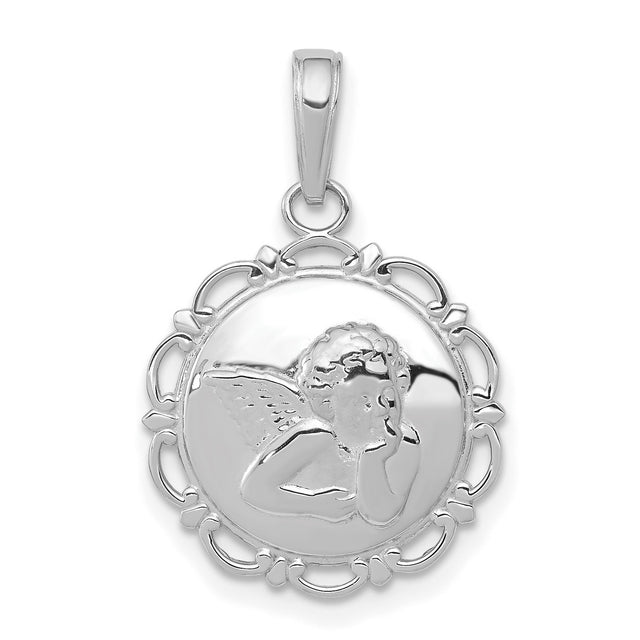 14k White Gold Angel Pendant with Scalloped Edge and Winged Cherub Design