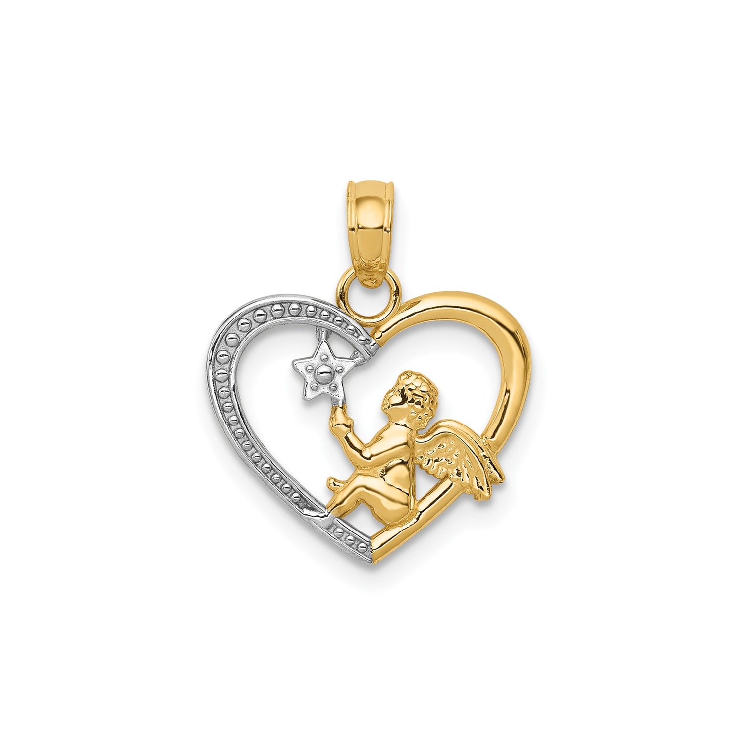 14k Multi-Tone Gold Angel Heart Pendant with Wings and Star, Christian Memorial Jewelry