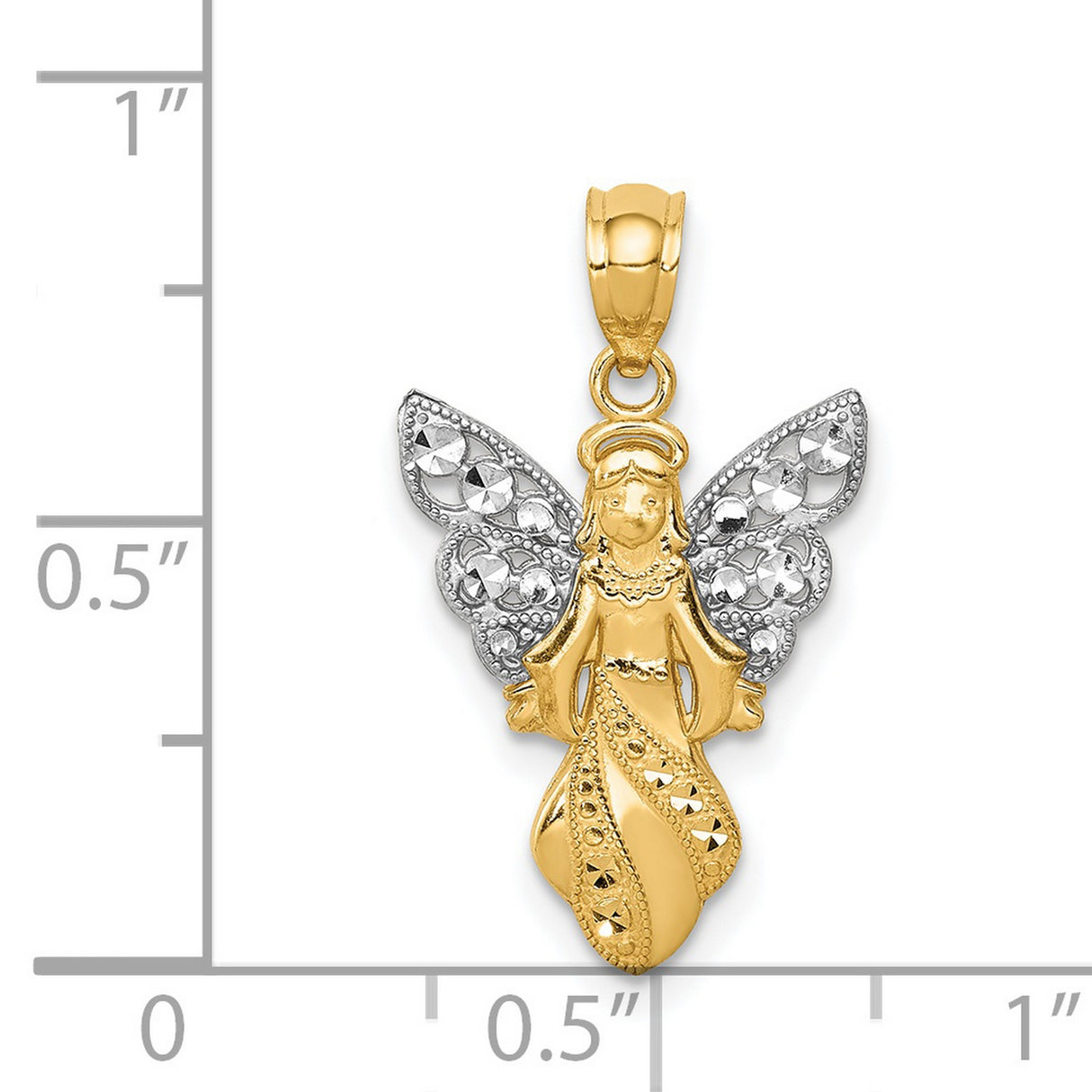 14k Multi-Tone Gold Angel Pendant with Rhodium Wings and Diamond-Cut Accents