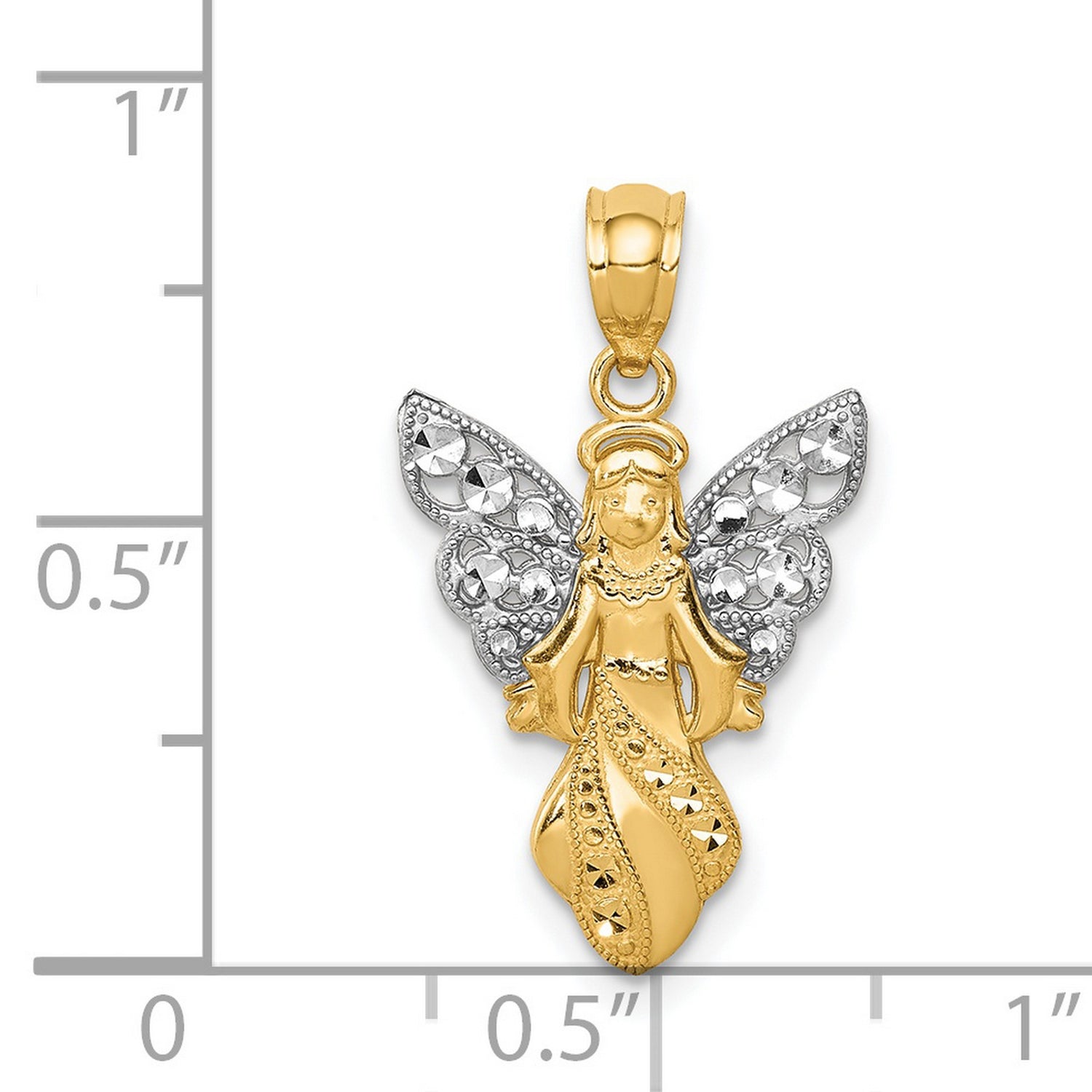 14k Multi-Tone Gold Angel Pendant with Rhodium Wings and Diamond-Cut Accents