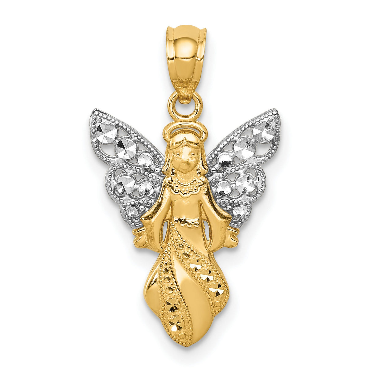 14k Multi-Tone Gold Angel Pendant with Rhodium Wings and Diamond-Cut Accents