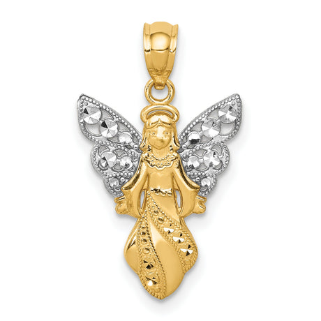 14k Multi-Tone Gold Angel Pendant with Rhodium Wings and Diamond-Cut Accents