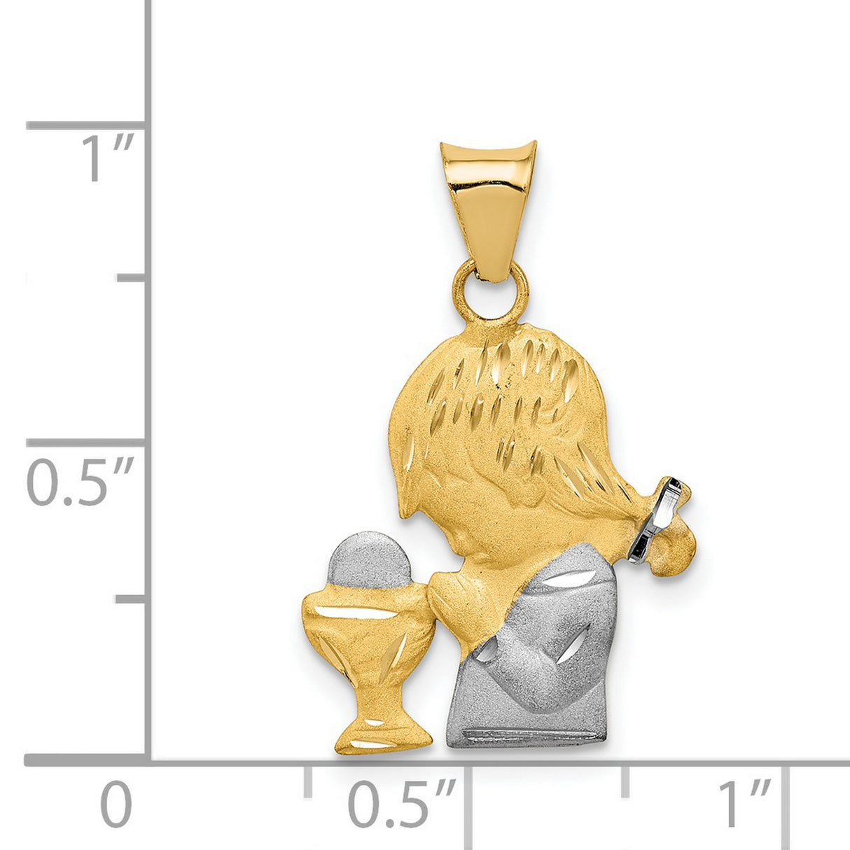 14k Multi-Tone Gold Pendant, Girl in Prayer with Chalice and Host, First Communion Medal