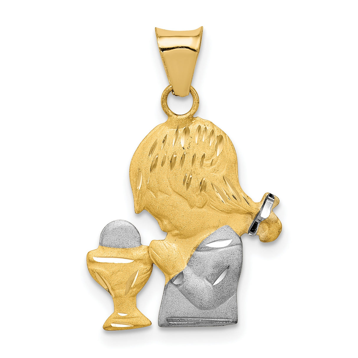 14k Multi-Tone Gold Pendant, Girl in Prayer with Chalice and Host, First Communion Medal
