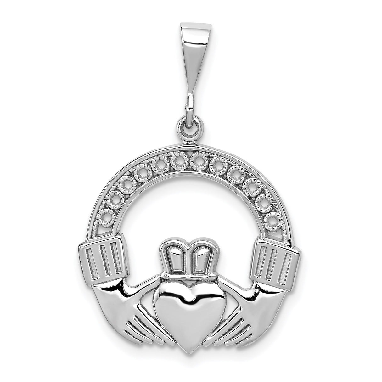 14k White Gold Claddagh Pendant with Heart, Crown and Hands, Celtic Irish Symbol for Women