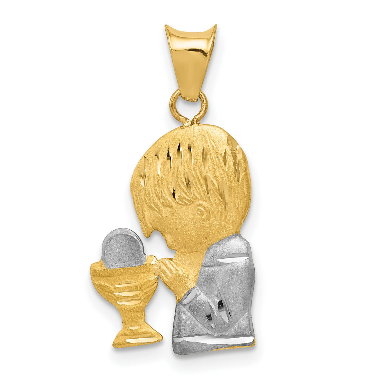 14k Two-Tone Gold Praying Boy Communion Pendant with Chalice Symbol for Boys