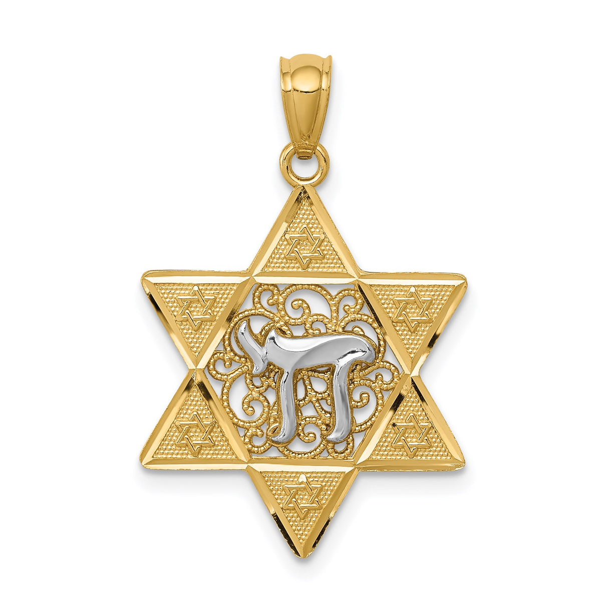 14k Two-Tone Gold Star of David Chai Pendant with Filigree Detailing