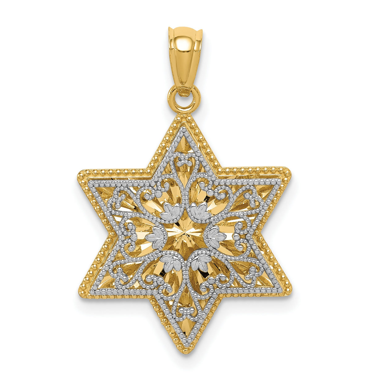 14k Two-Tone Gold Star of David Pendant with Floral Filigree and Scroll Design for Women