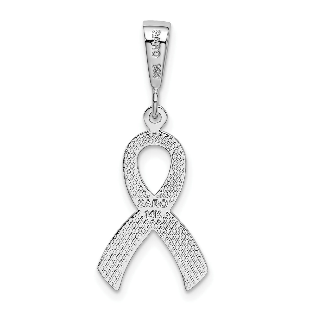 14k White Gold Awareness Ribbon Pendant, Textured and Polished Cancer Support Charm
