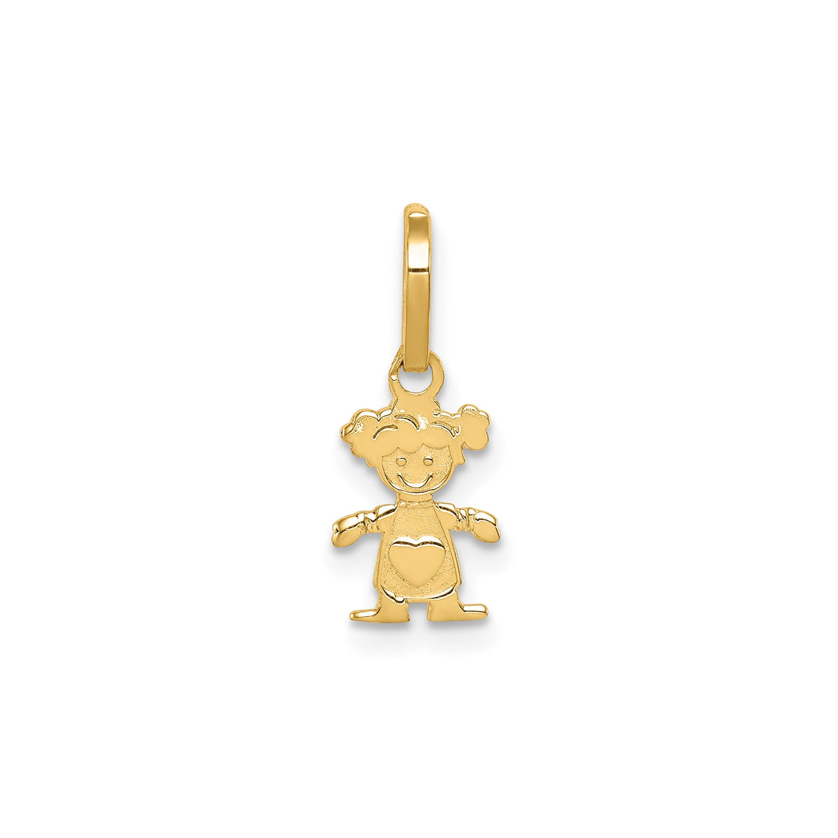 14k Yellow Gold Girl Charm Pendant with Heart Dress and Pigtails, Family Keepsake Jewelry