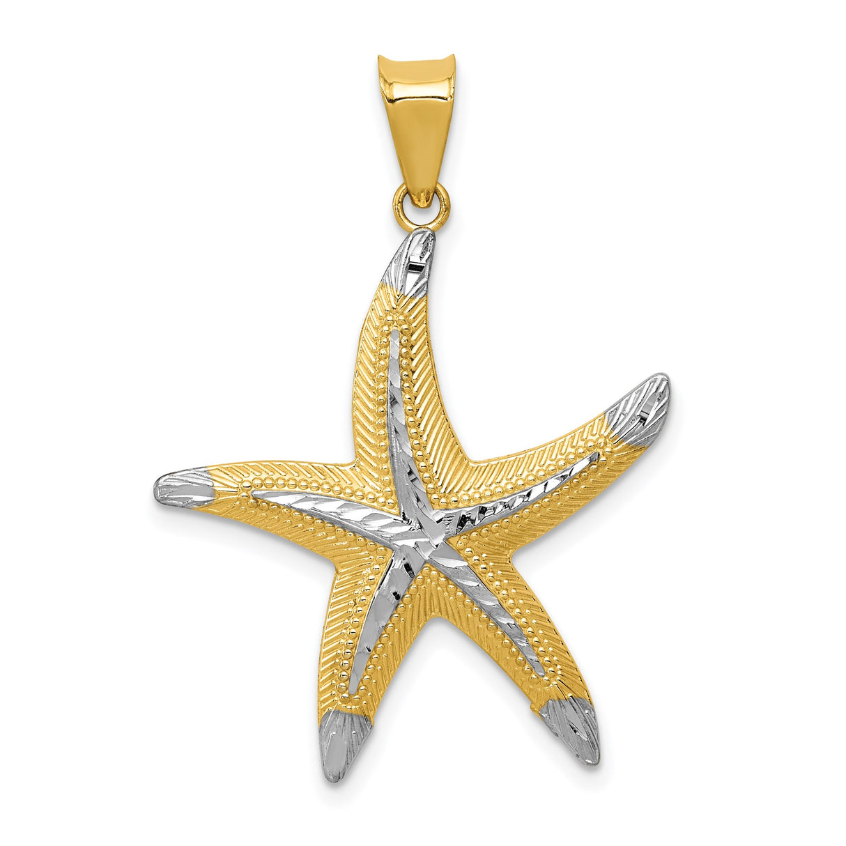 14k Yellow Gold Two-Tone Starfish Pendant, Textured Nautical Coastal Theme for Women
