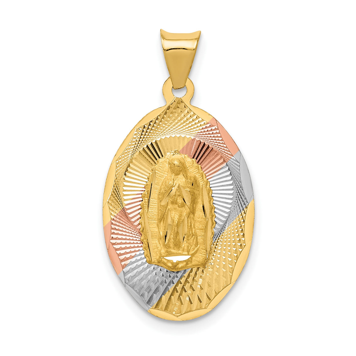 14k Tri-Color Gold Our Lady of Guadalupe Oval Pendant, Religious Medal Charm for Women