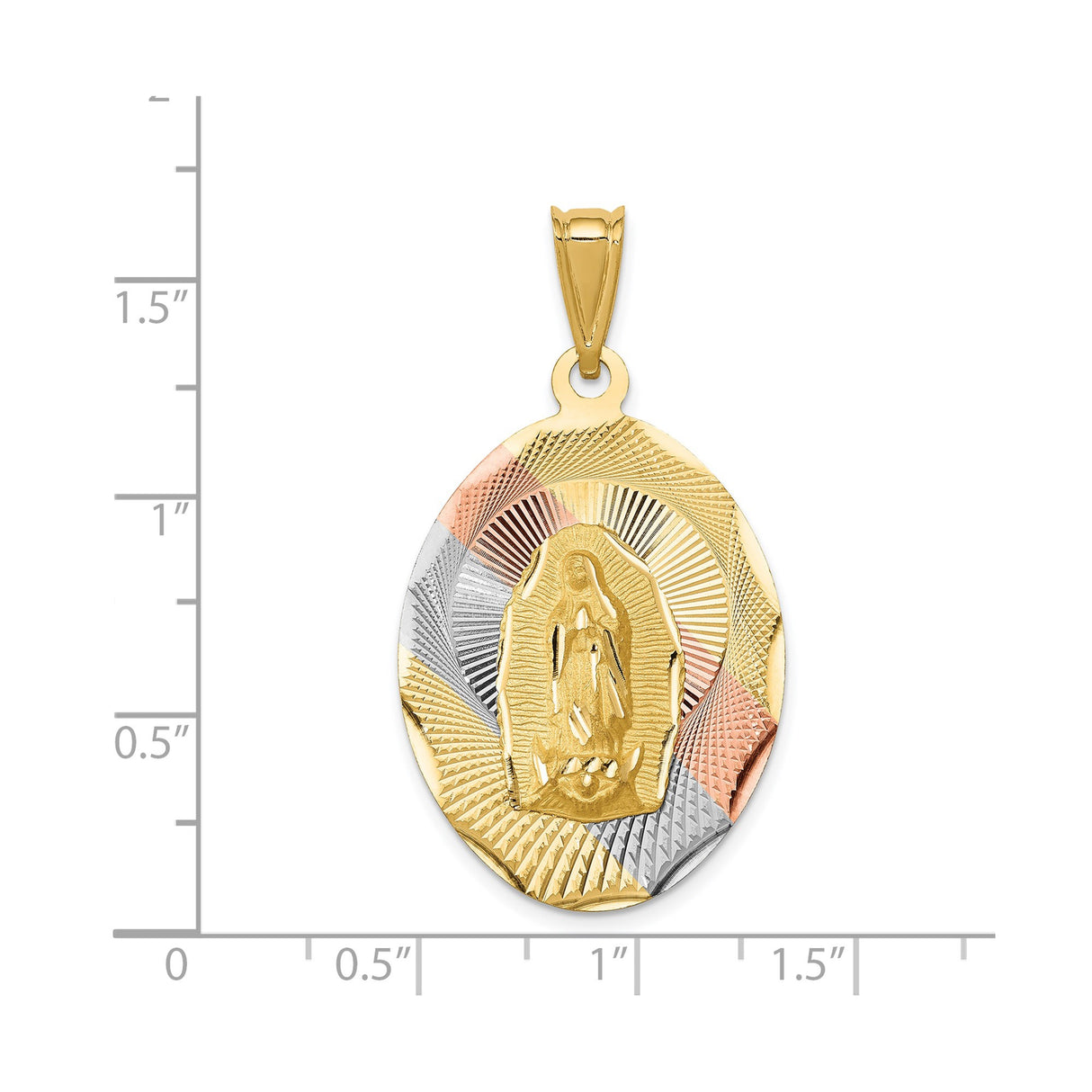 14k Tri-Color Gold Our Lady of Guadalupe Pendant, Oval Rhodium Medal, Religious Charm