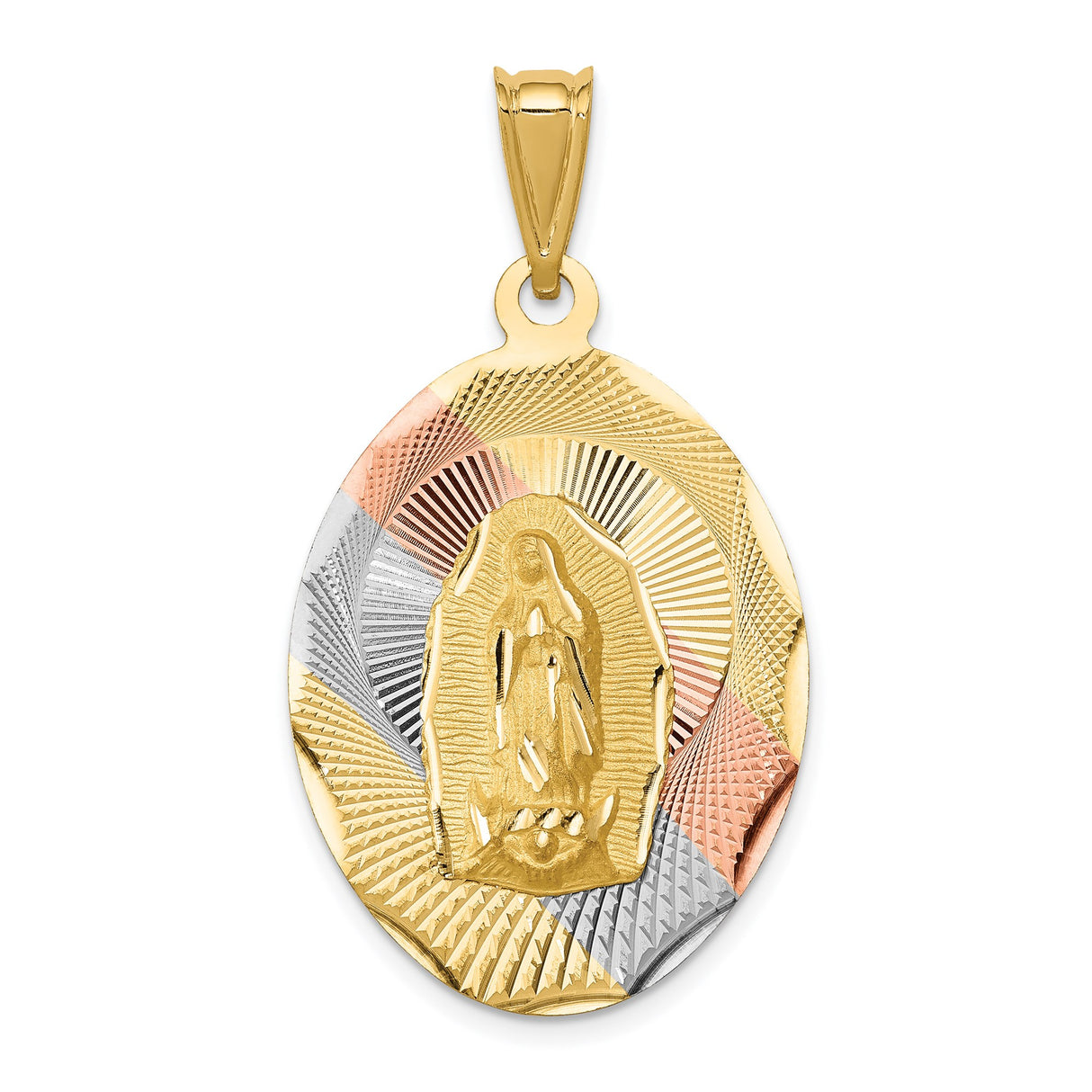 14k Tri-Color Gold Our Lady of Guadalupe Pendant, Oval Rhodium Medal, Religious Charm