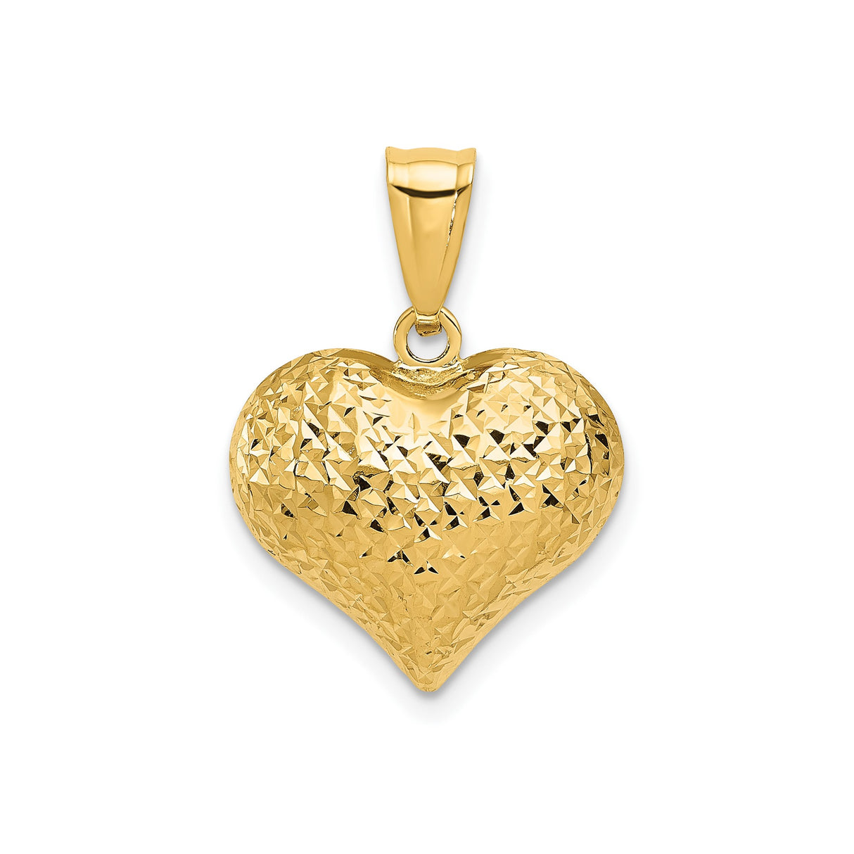 14k Yellow Gold Heart Pendant with Diamond-Cut Finish, Textured Puffed Charm for Women