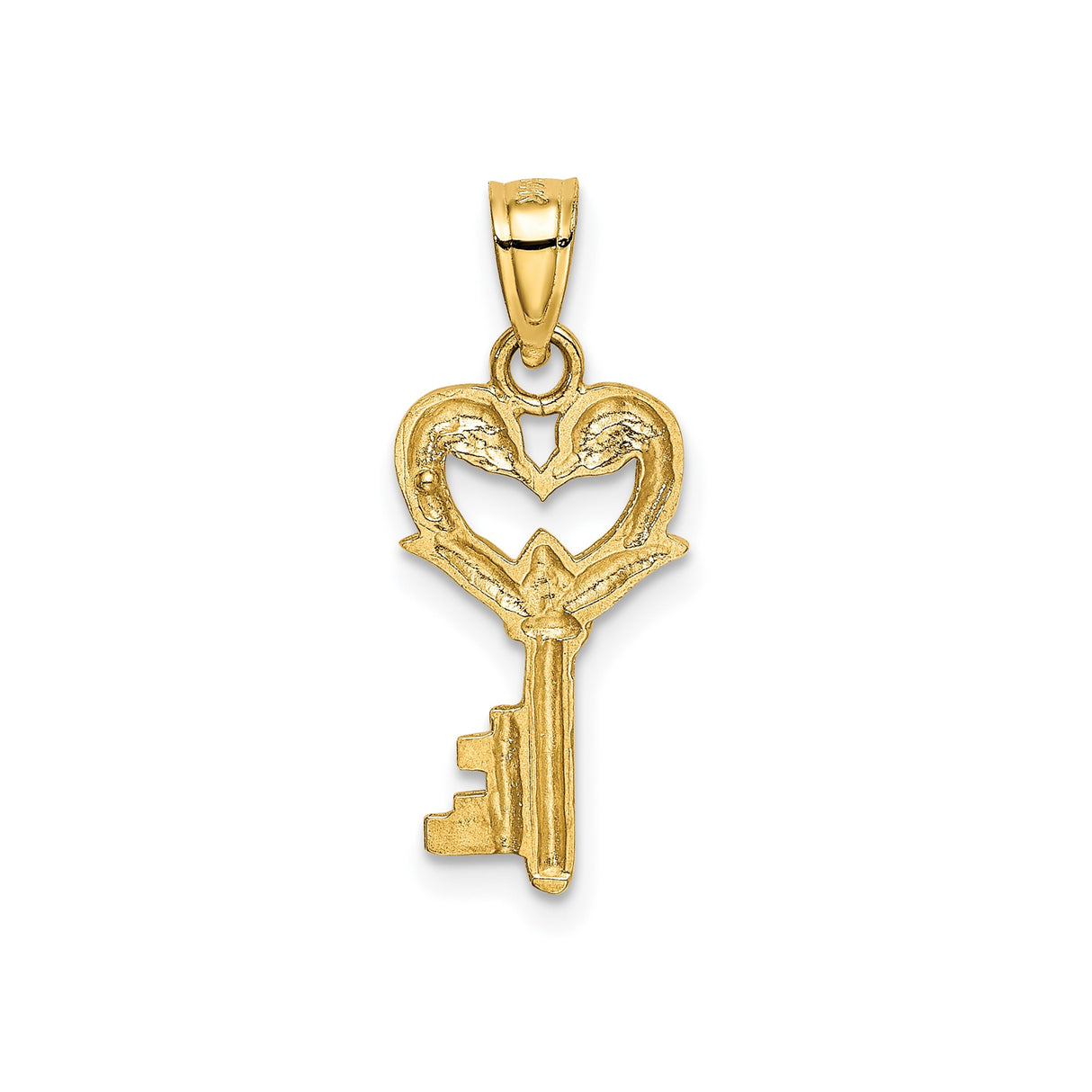 14k Yellow Gold Pendant, Swans Forming Heart Shape on Classic Key Design
