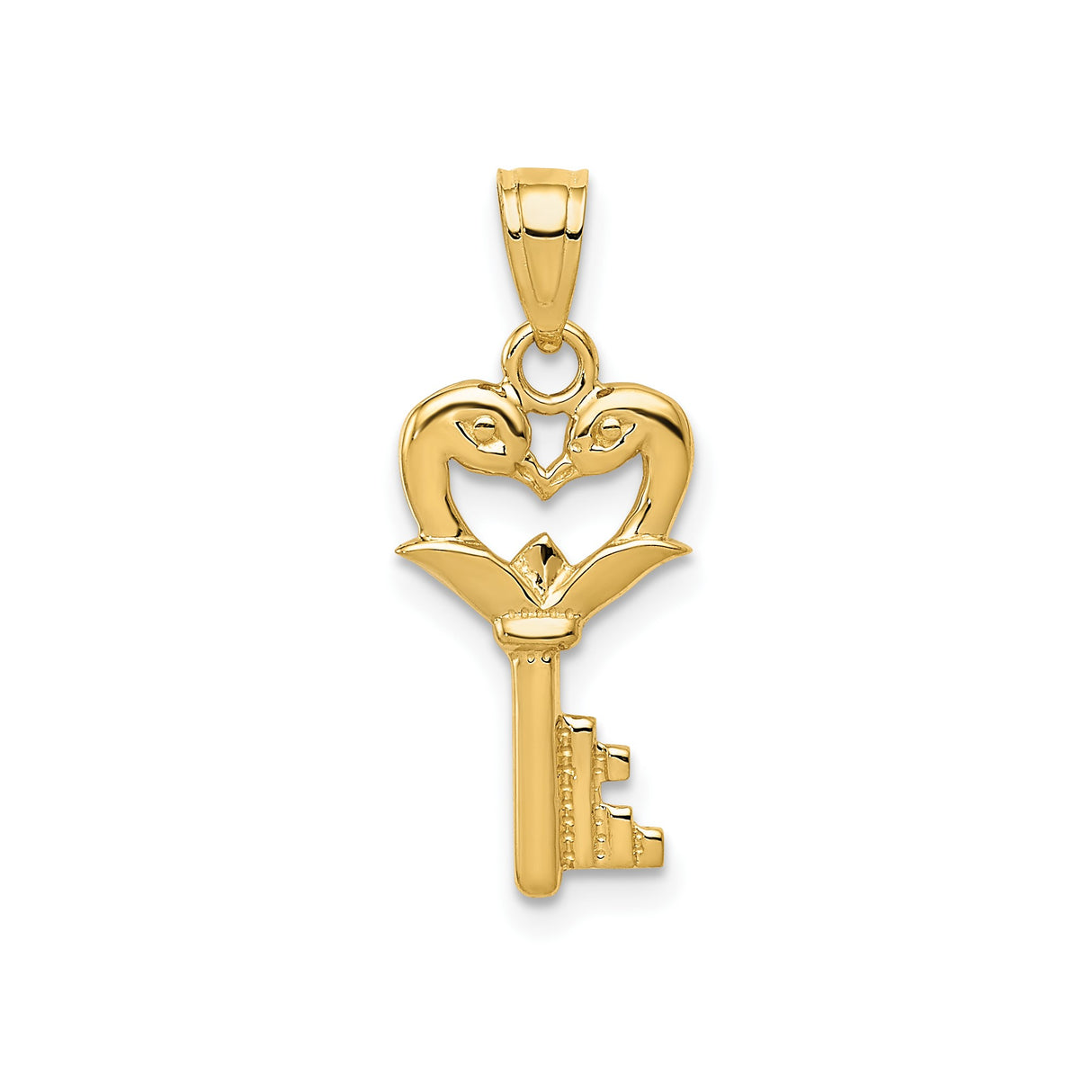 14k Yellow Gold Pendant, Swans Forming Heart Shape on Classic Key Design