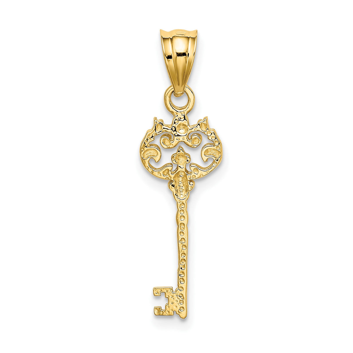 14k Yellow Gold Key Pendant with Ornate Scrollwork and Subtle Cross Accent, Christian Charm