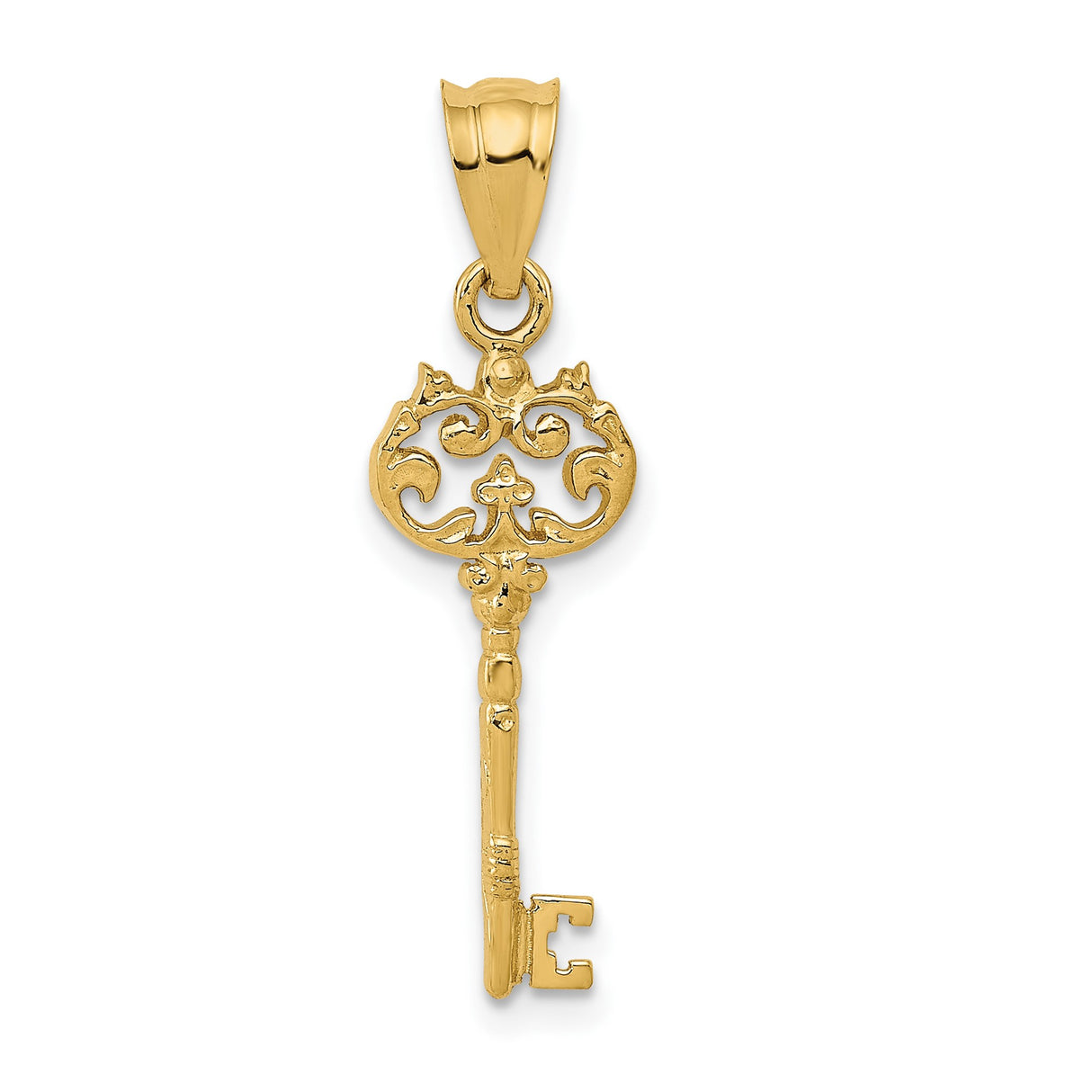 14k Yellow Gold Key Pendant with Ornate Scrollwork and Subtle Cross Accent, Christian Charm