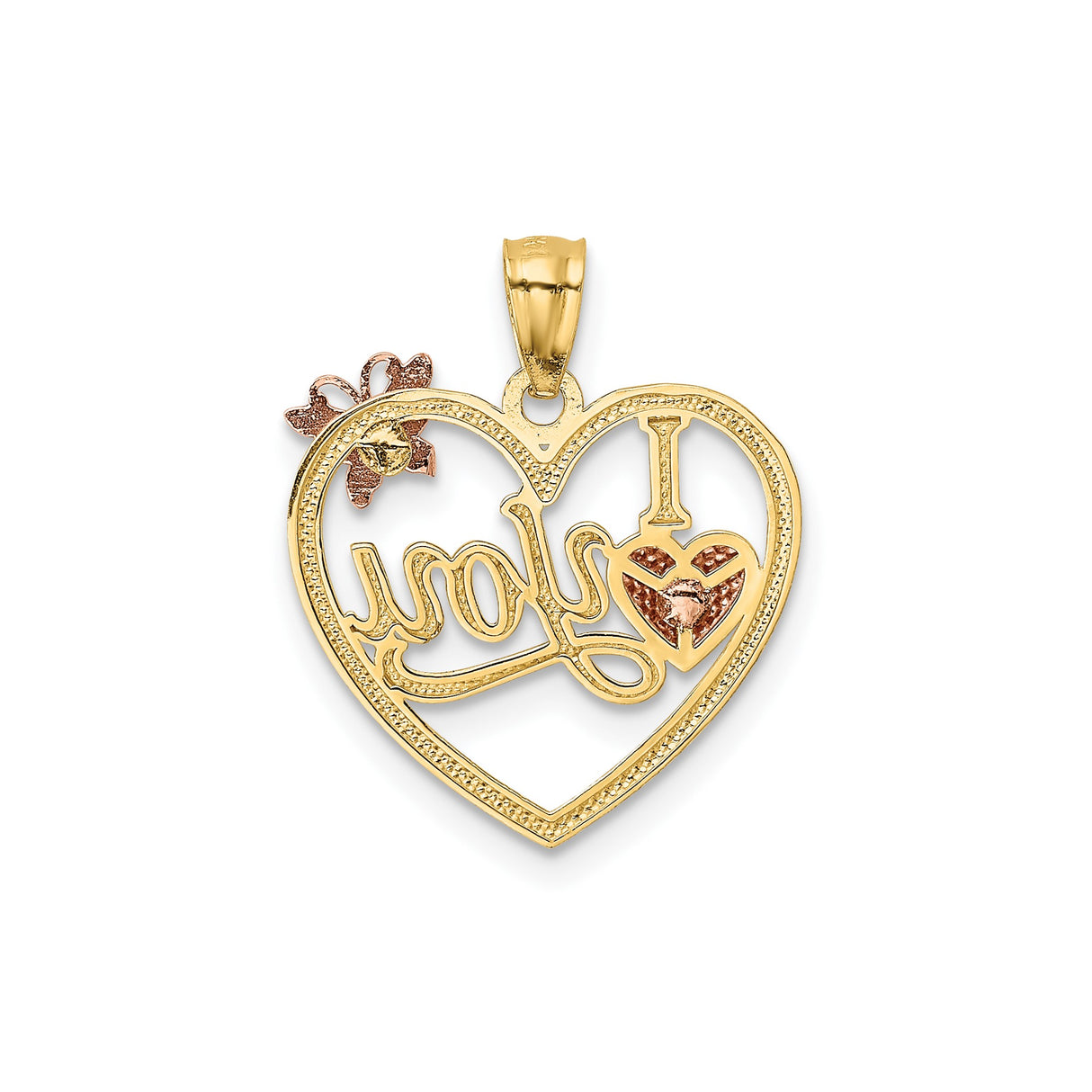 14k Two-Tone Gold Heart Pendant with I Love You Script and Rose Gold Butterfly Accents