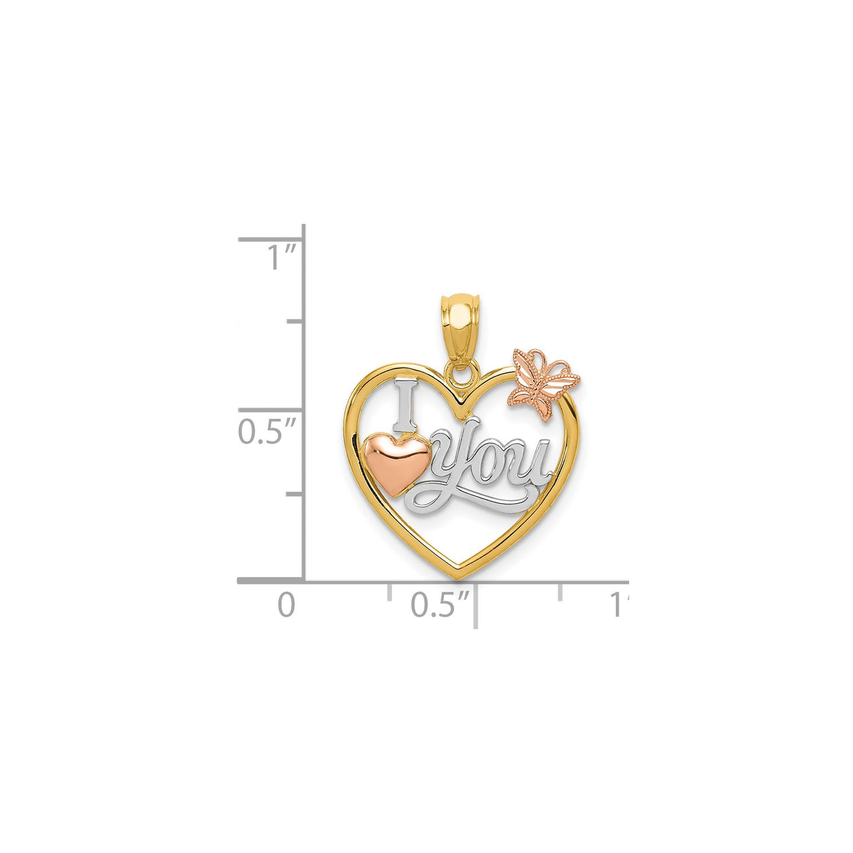 14k Two-Tone Gold Heart Pendant with I Love You Script and Rose Gold Butterfly Accents