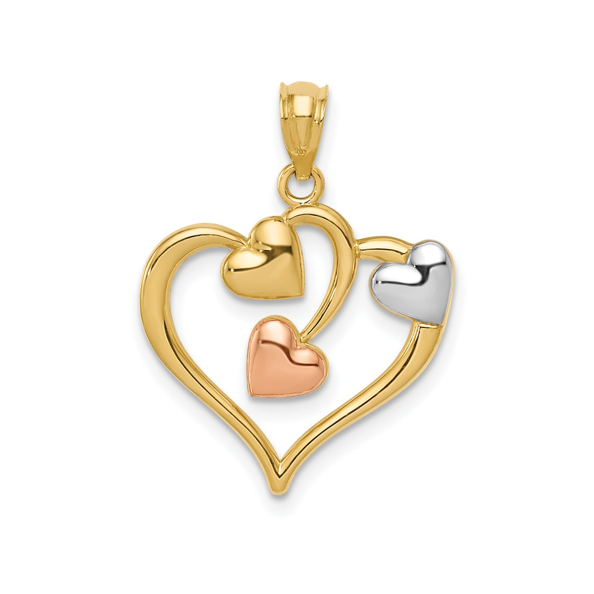 14k Two-Tone Gold Heart Pendant with Nested Rose, Yellow, and White Gold Hearts